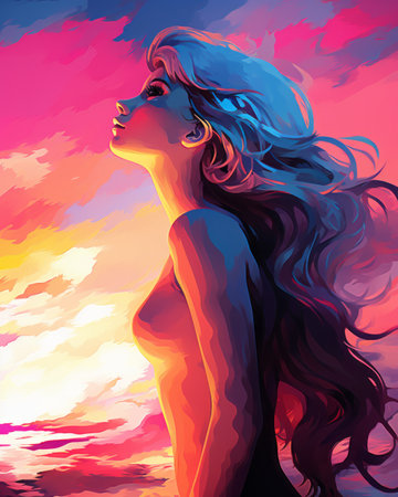 a painting of a woman with long hair in front of a sunsetの素材