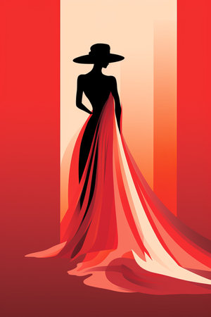 a silhouette of a woman in a red dress and hatの素材