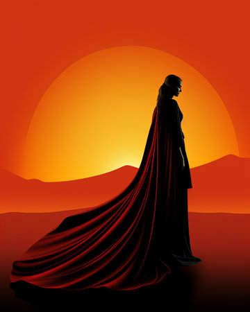 a silhouette of a woman in a cape standing in front of a sunsetの素材