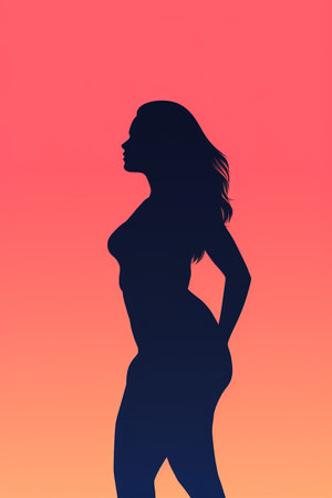a silhouette of a woman standing in front of an orange and blue backgroundの素材