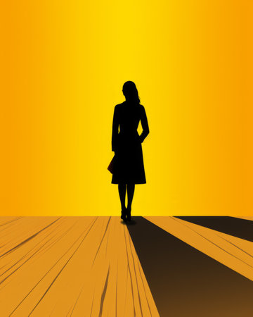 a silhouette of a woman standing on a wooden floorの素材