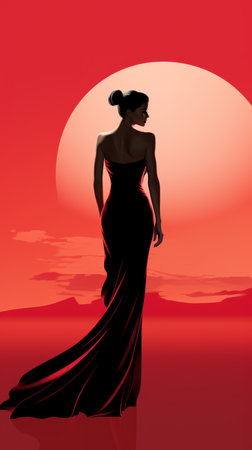 a woman in a black dress standing in front of a red sunsetの素材