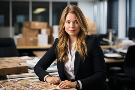 a woman in a business suit sitting at a desk in an officeの素材