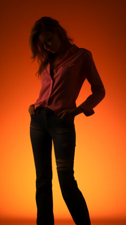 a silhouette of a woman in jeans and a pink shirtの素材
