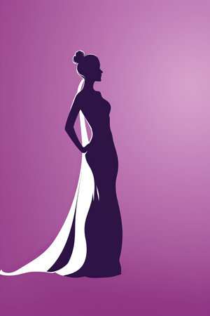 a silhouette of a woman in a wedding dress on a purple backgroundの素材