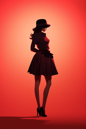 a woman in a black dress and hat is standing in front of a red backgroundの素材