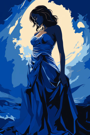 a woman in a blue dress standing in front of a full moonの素材