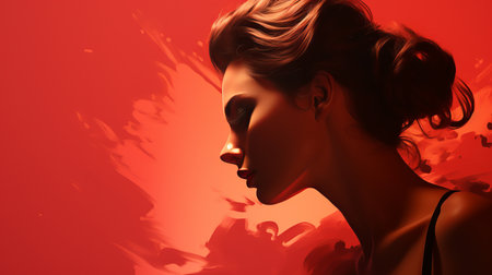 a woman in a black dress is in front of a red backgroundの素材