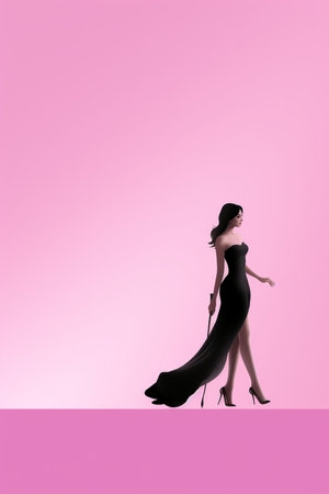 a woman in a black dress walking on a pink backgroundの素材