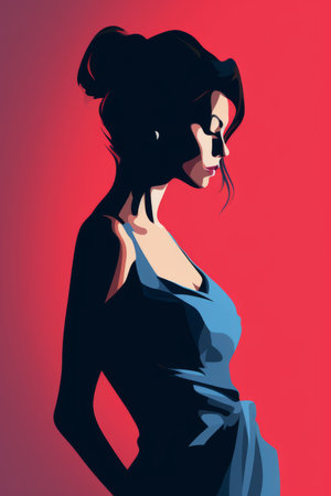 a woman in a blue dress is standing in front of a red backgroundの素材