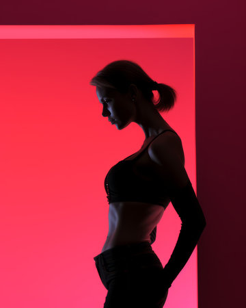 a silhouette of a woman standing in front of a red wallの素材