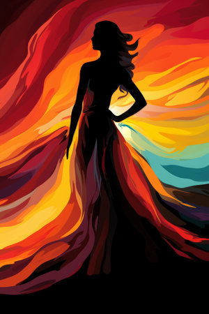 a woman in a long dress is silhouetted against a colorful backgroundの素材