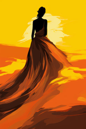 a woman in a long dress standing in the desert at sunsetの素材