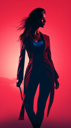 a woman in a red coat standing in front of a red backgroundの素材