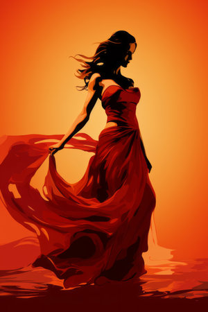 a woman in a red dress is walking across an orange backgroundの素材