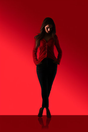 a woman in a red shirt and black pants standing in front of a red backgroundの素材