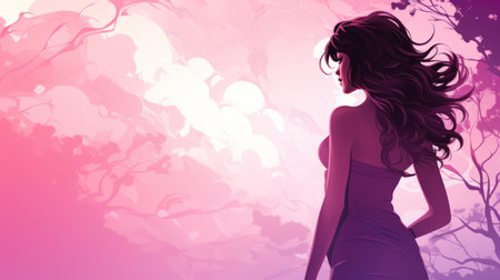 a woman in a purple dress standing in front of treesの素材