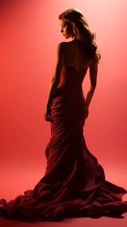 a woman in a red dress standing in front of a red backgroundの素材