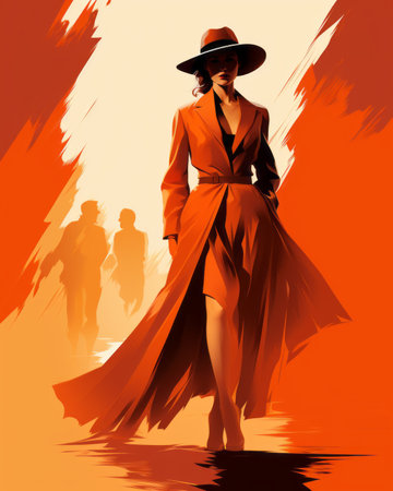 a woman in an orange dress and hat walking down the streetの素材