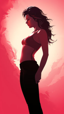 a woman in black pants and a red top standing in front of a red backgroundの素材