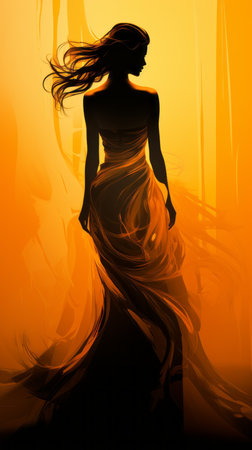 a woman in an orange dress is standing in front of an orange backgroundの素材