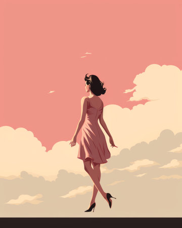 a woman in a pink dress is walking in the skyの素材