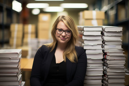 a woman in glasses sitting in front of stacks of booksの素材