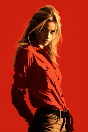 a woman in a red shirt and brown pantsの素材