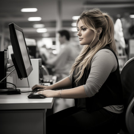 a woman sitting at a desk using a computerの素材