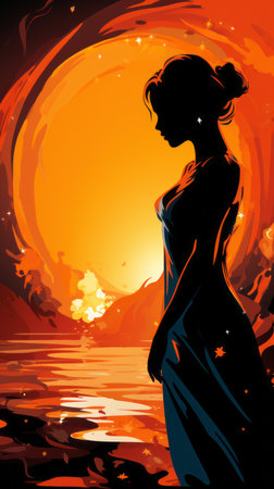 a woman standing in front of an orange sunsetの素材