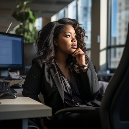 an african american woman sitting at a desk in front of a computerの素材