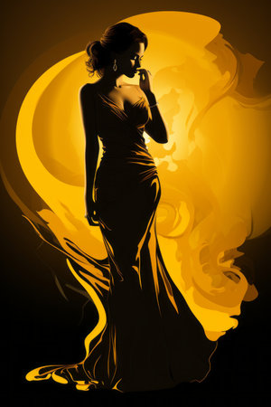 an illustration of a woman in a long dress standing in front of a yellow backgroundの素材