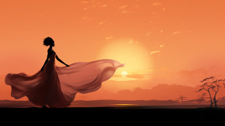 silhouette of a woman in a long dress standing in front of a sunsetの素材