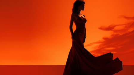 silhouette of a woman in a long dress standing in front of an orange skyの素材