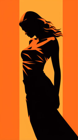 silhouette of a woman on an orange and black backgroundの素材