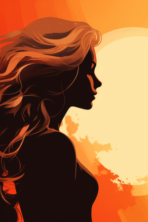 silhouette of a woman with long hair in front of the sunの素材