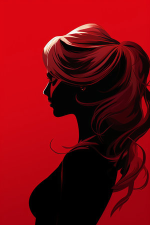 silhouette of a woman with long hair on a red backgroundの素材