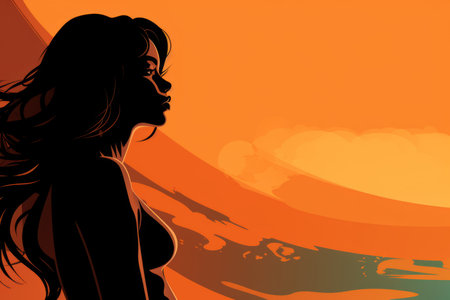 silhouette of a woman with long hair on an orange backgroundの素材