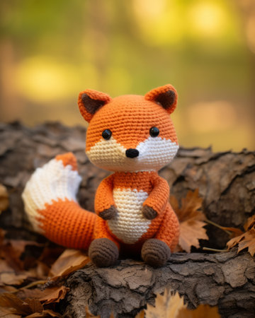a crocheted fox sitting on a log in the fallの素材