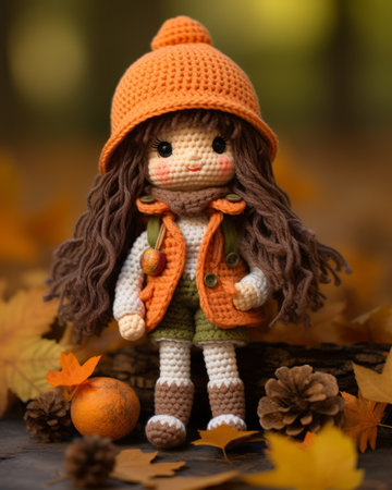 a crochet doll wearing an orange vest and bootsの素材
