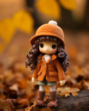 a crochet doll wearing an orange coat and boots standing on a logの素材