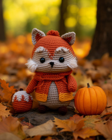 a crocheted fox sits in the leaves next to a pumpkinの素材