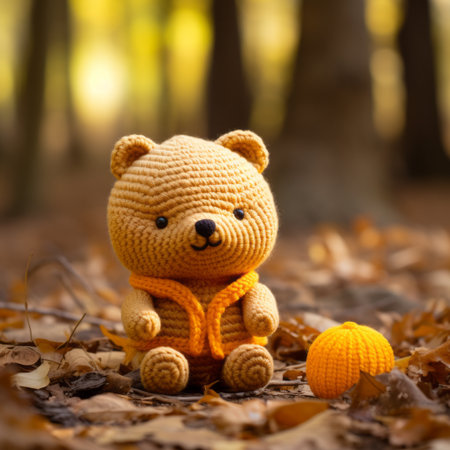 a crocheted teddy bear sitting in the leavesの素材