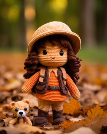 a crochet doll with a brown hat and brown teddy bearの素材