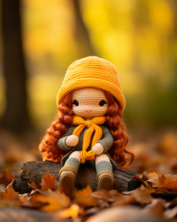 a crocheted doll sitting on a log in the leavesの素材