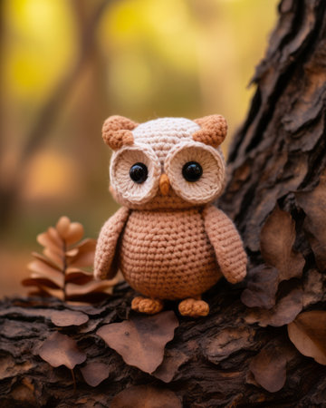 a crocheted owl is sitting on a tree branchの素材