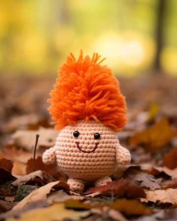 a crocheted doll with orange hair sitting in the leavesの素材