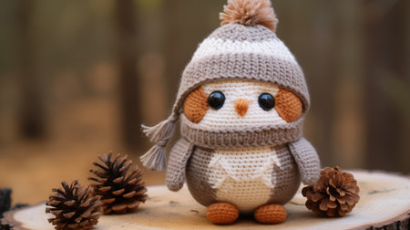 a crocheted owl in a winter hat sits next to pine conesの素材
