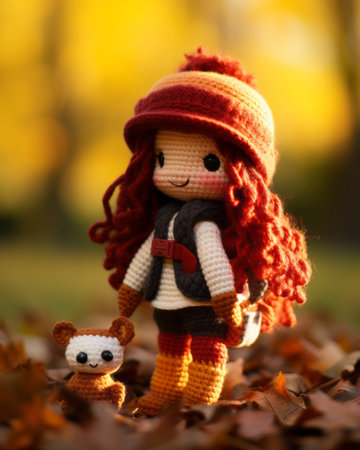 a crocheted doll stands in the leaves with a teddy bearの素材