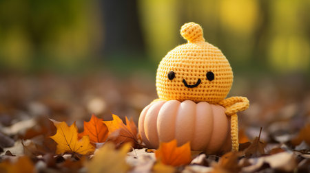 a crocheted pumpkin sitting on the ground surrounded by leavesの素材
